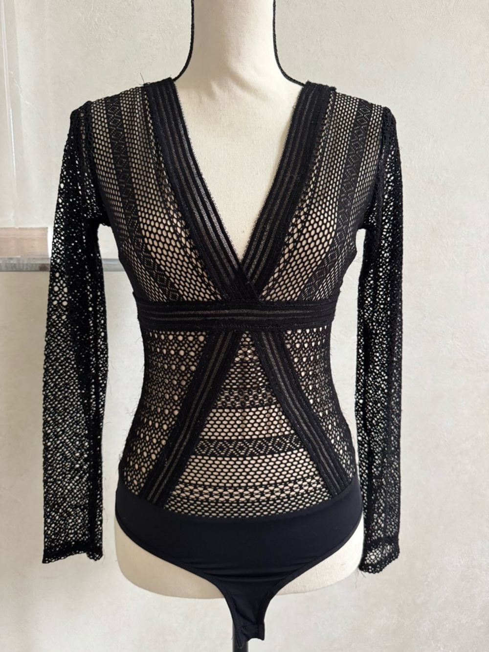 bebe Black Sheer Crochet V-Neck Long-Sleeve Bodysuit